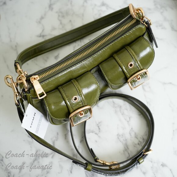 Coach CBJ01 Ashton Shoulder Bag In Shiny Crinkle Leather Gold/Olive Green - Picture 9 of 11